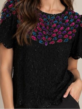 Vintage Stenay Black Hand  Beaded Short Sleeve Blouse Size Small